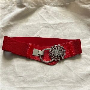 Elegant Red Belt with Silver Floral Buckle